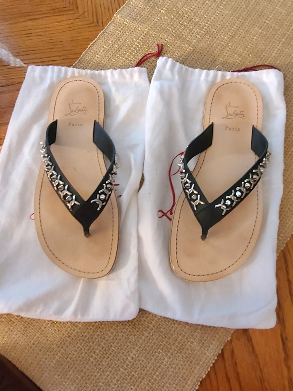 Christian Louboutin Black Embellished Leather Thong Sandals made In SPAIN.